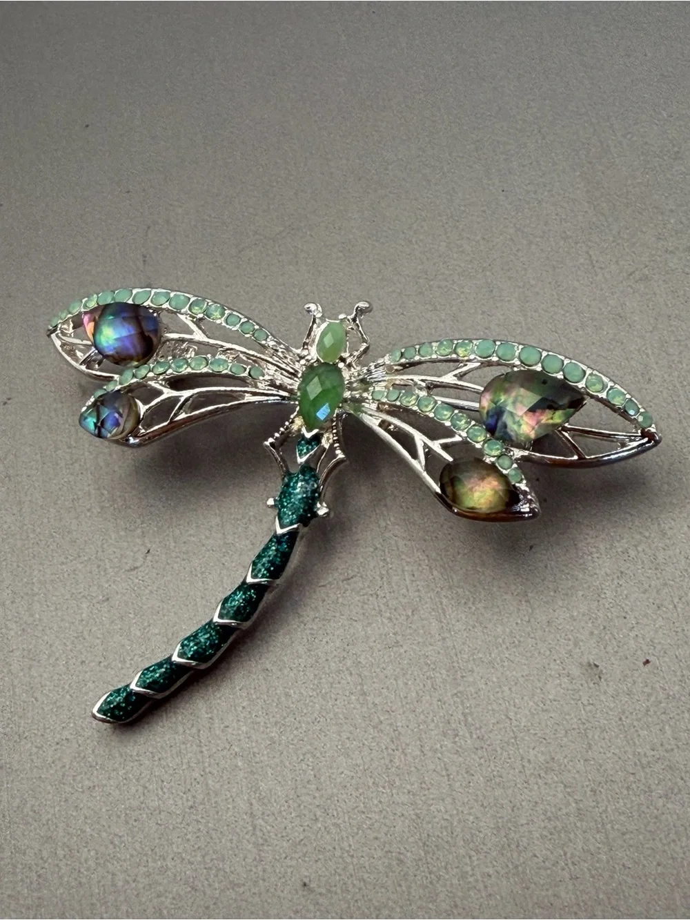 Napier Dragonfly Brooch Silver Tone Iridescent Green Rhinestone 2” Signed Vtg
